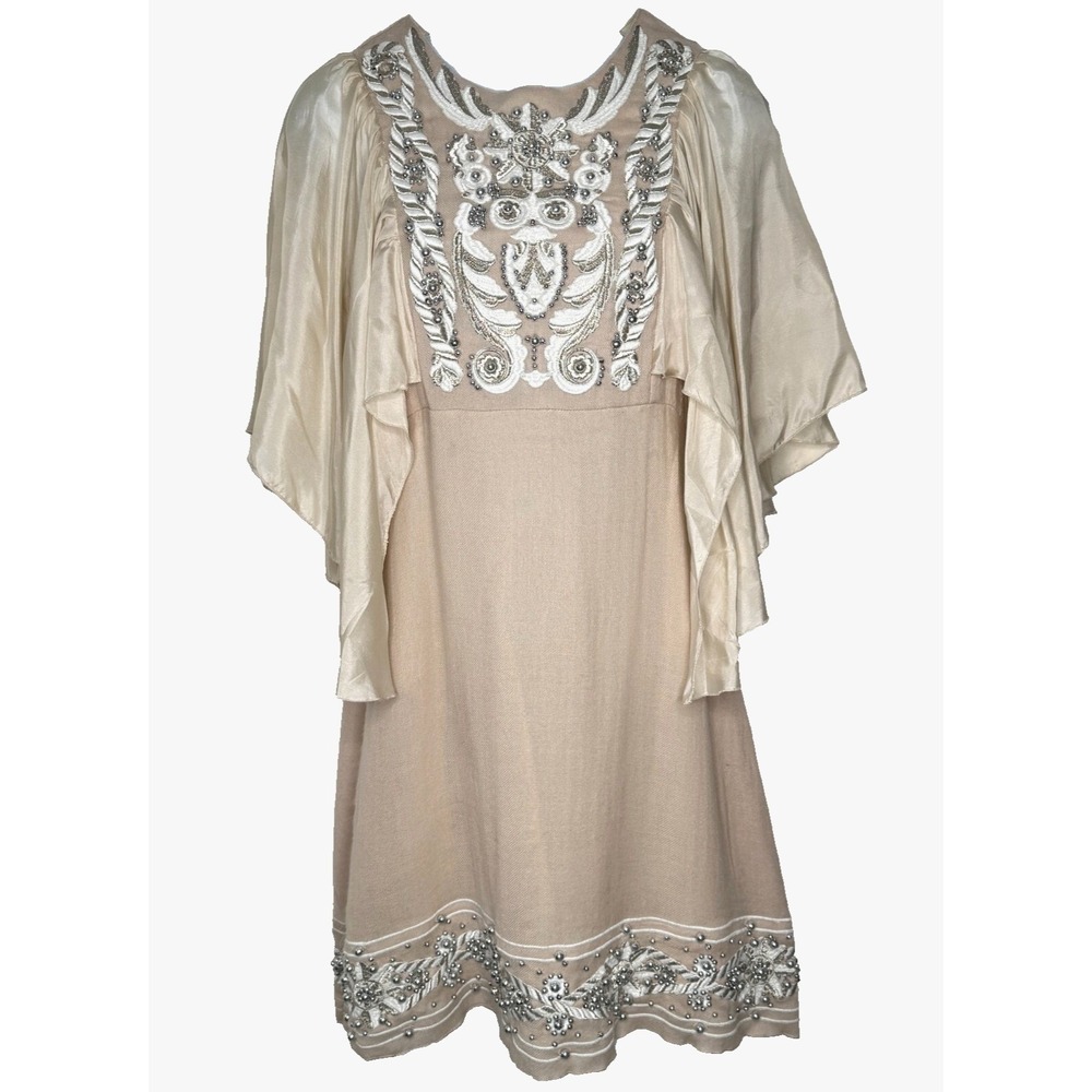 Manoush Mini Dress Women 36 Beige Embroidered Beaded Butterfly Sleeve Wool Silk